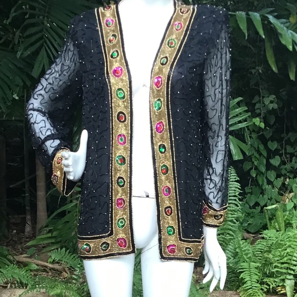 Vintage silky nights beaded and sequin Jacket - Picture 1 of 10